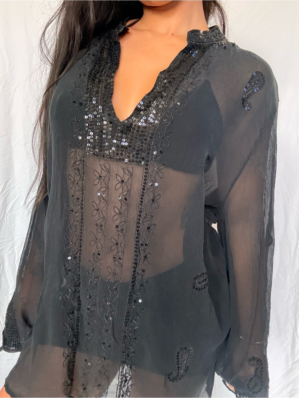 100% Silk Sheer Black Embellished V-Neck Women's Cover-up Top
